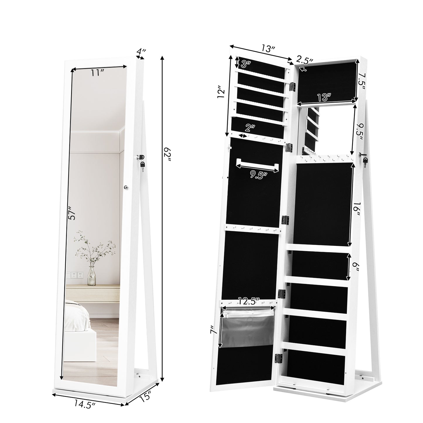 Lockable Freestanding Jewelry Armoire with Full Length Mirror-White