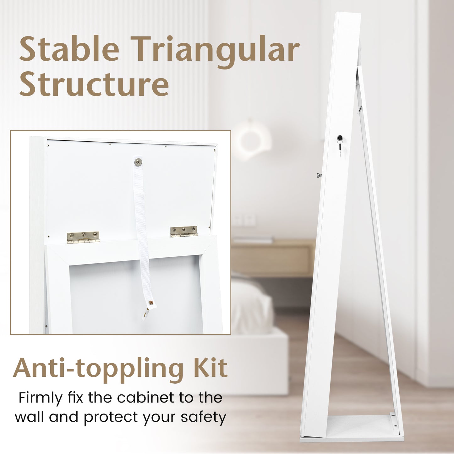 Lockable Freestanding Jewelry Armoire with Full Length Mirror-White