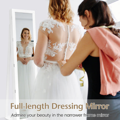 Lockable Freestanding Jewelry Armoire with Full Length Mirror-White