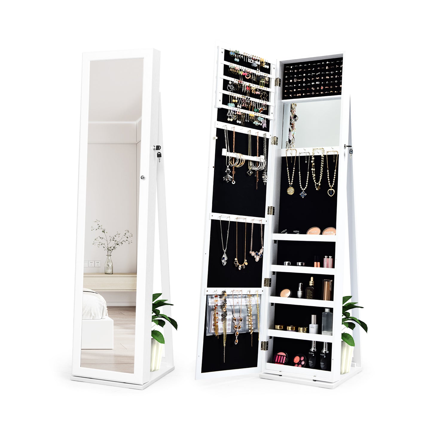 Lockable Freestanding Jewelry Armoire with Full Length Mirror-White