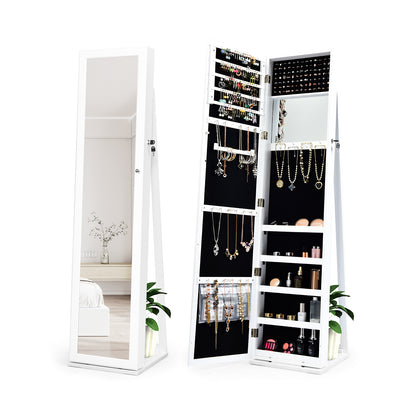 Lockable Freestanding Jewelry Armoire with Full Length Mirror-White