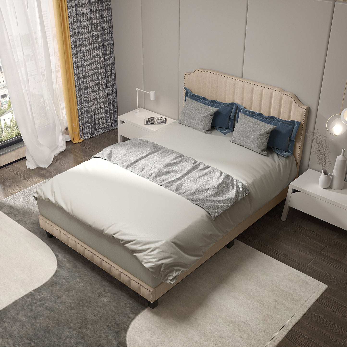 Heavy Duty Upholstered Bed Frame with Rivet Headboard-Full Size