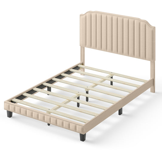 Full size heavy-duty upholstered bed frame with rivet headboard, featuring a sturdy design and modern style for bedroom furniture.