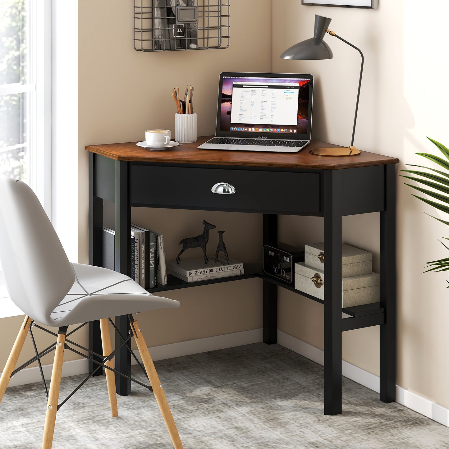 Corner Wooden Piece Laptop Computer Desk-Black
