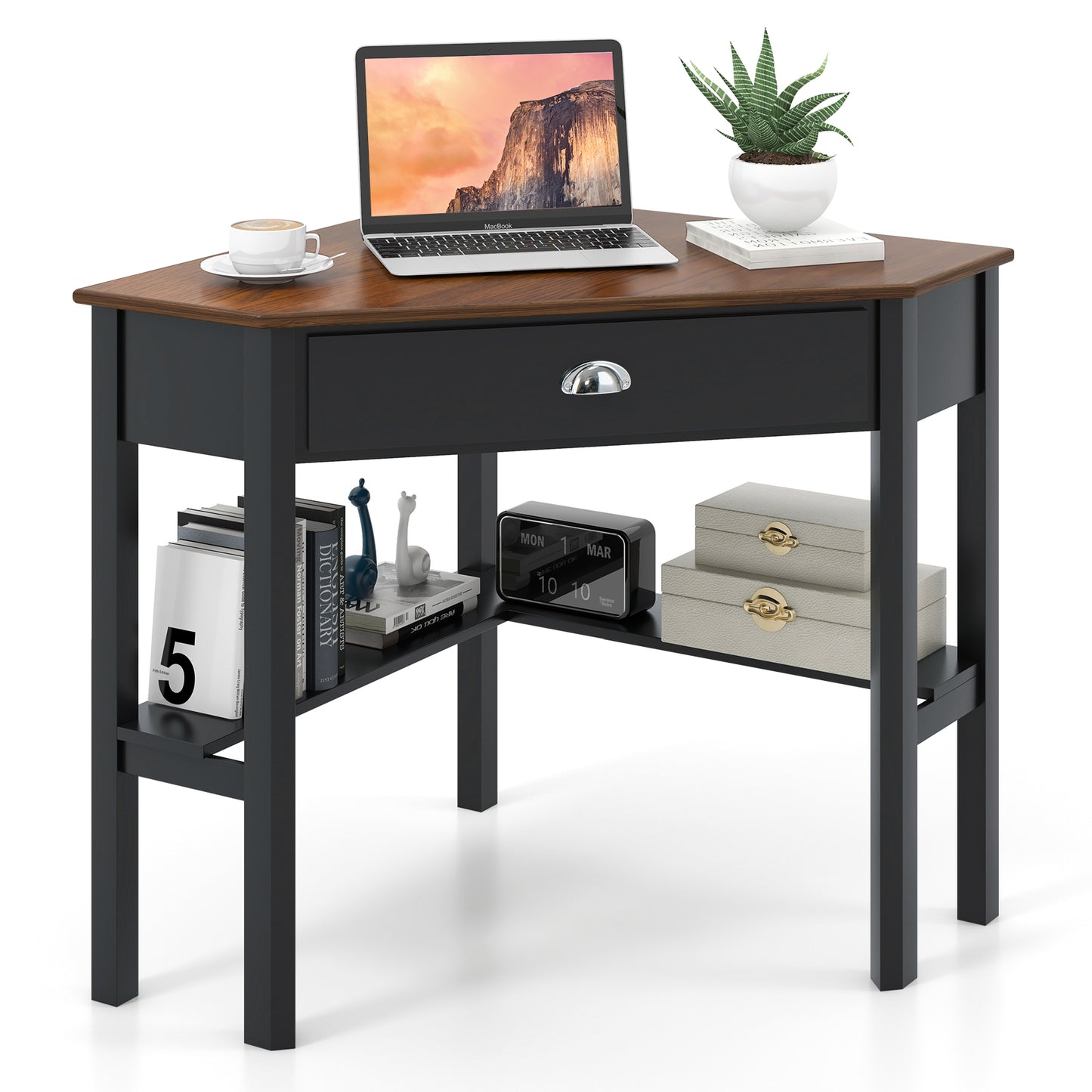 Corner Wooden Piece Laptop Computer Desk-Black