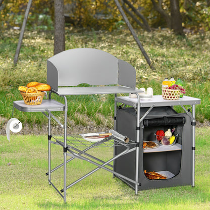 Foldable Outdoor BBQ Portable Grilling Table With Windscreen Bag-Gray