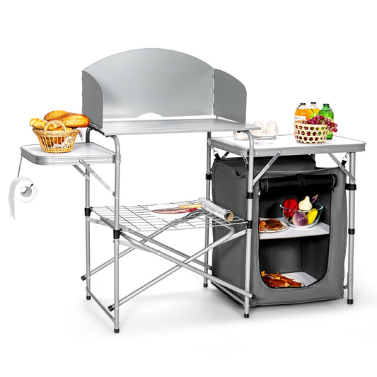 Foldable Outdoor BBQ Portable Grilling Table With Windscreen Bag-Gray