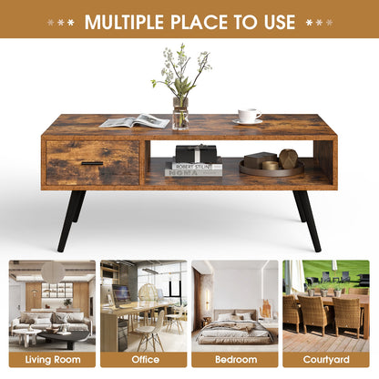 Retro Rectangular Coffee Table with Drawer and Storage Shelf-Rustic Brown
