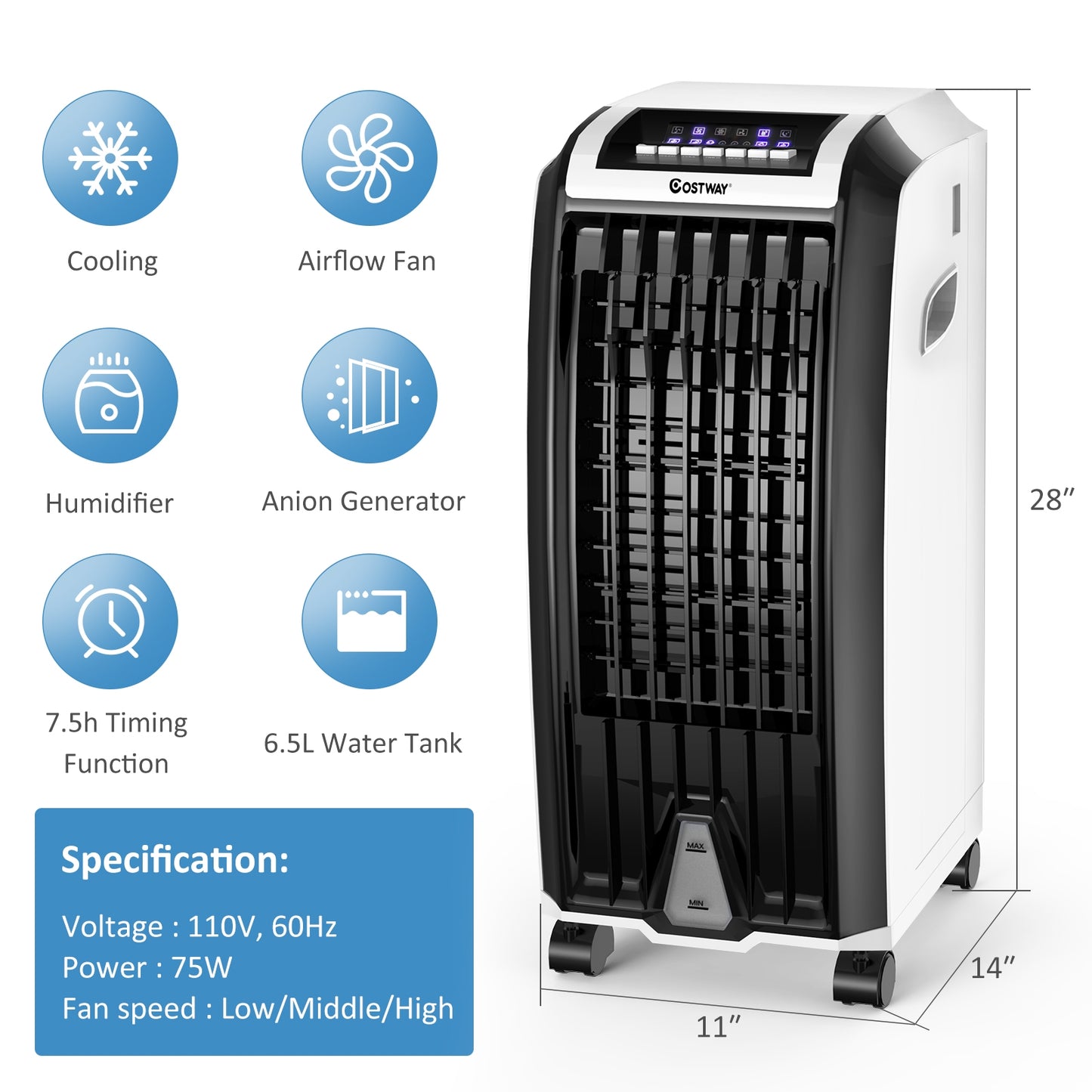 Portable Evaporative Air Cooler with 3 Wind Modes and Timer for Home Office