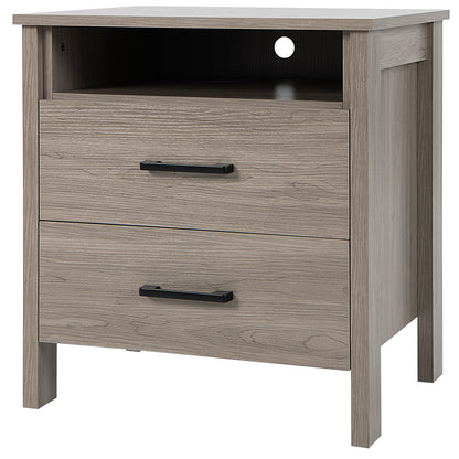 Modern Wood Grain Nightstand with Cable Hole and Open Compartment-Natural