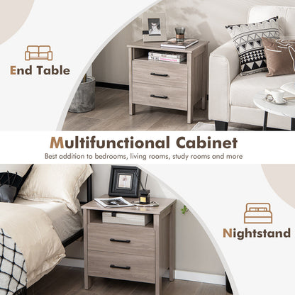Modern Wood Grain Nightstand with Cable Hole and Open Compartment-Natural