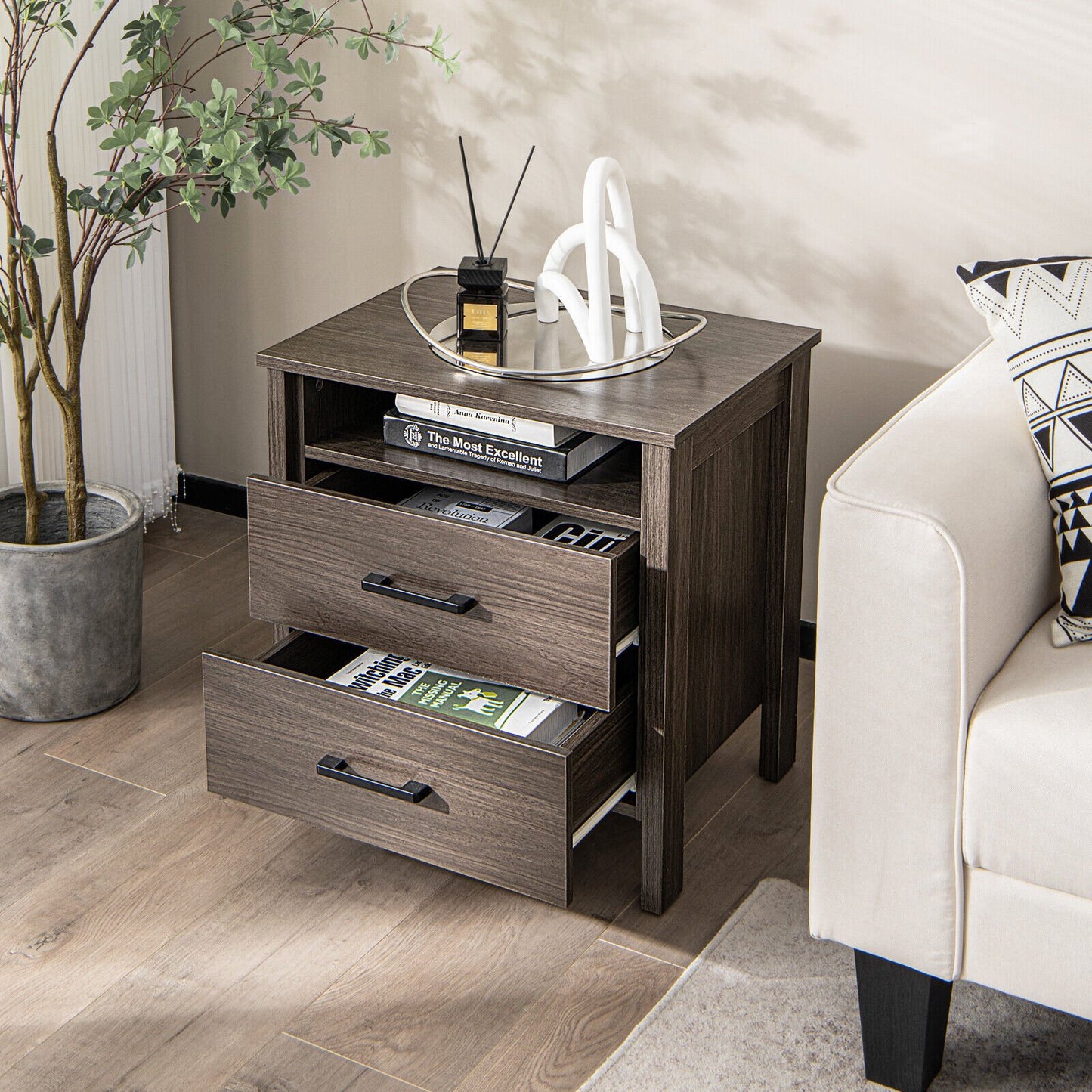 Modern Wood Grain Nightstand with Cable Hole and Open Compartment-Natural