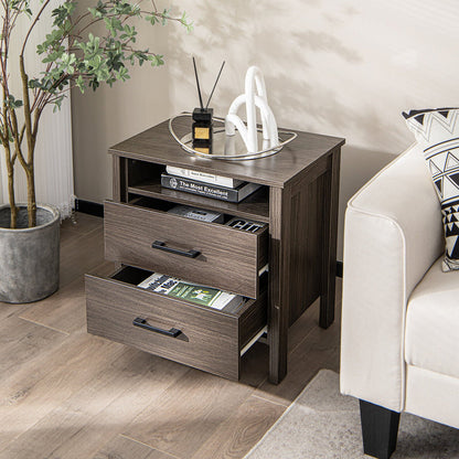 Modern Wood Grain Nightstand with Cable Hole and Open Compartment-Natural