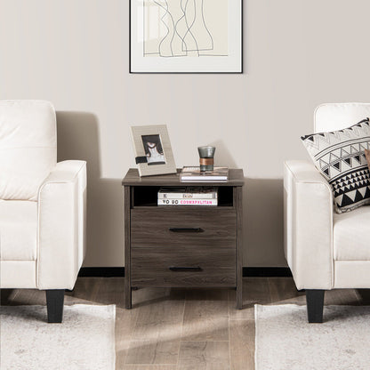 Modern Wood Grain Nightstand with Cable Hole and Open Compartment-Natural