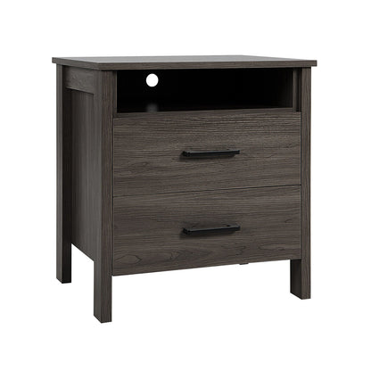 Modern Wood Grain Nightstand with Cable Hole and Open Compartment-Natural