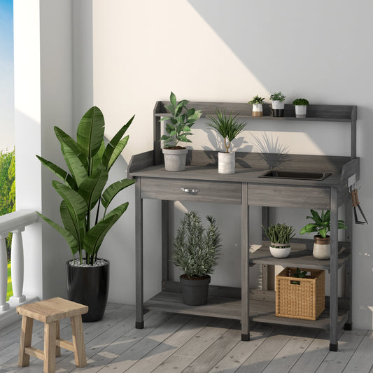 Fir Wood Potting Bench with Open Shelves and Sink for Planting-Gray
