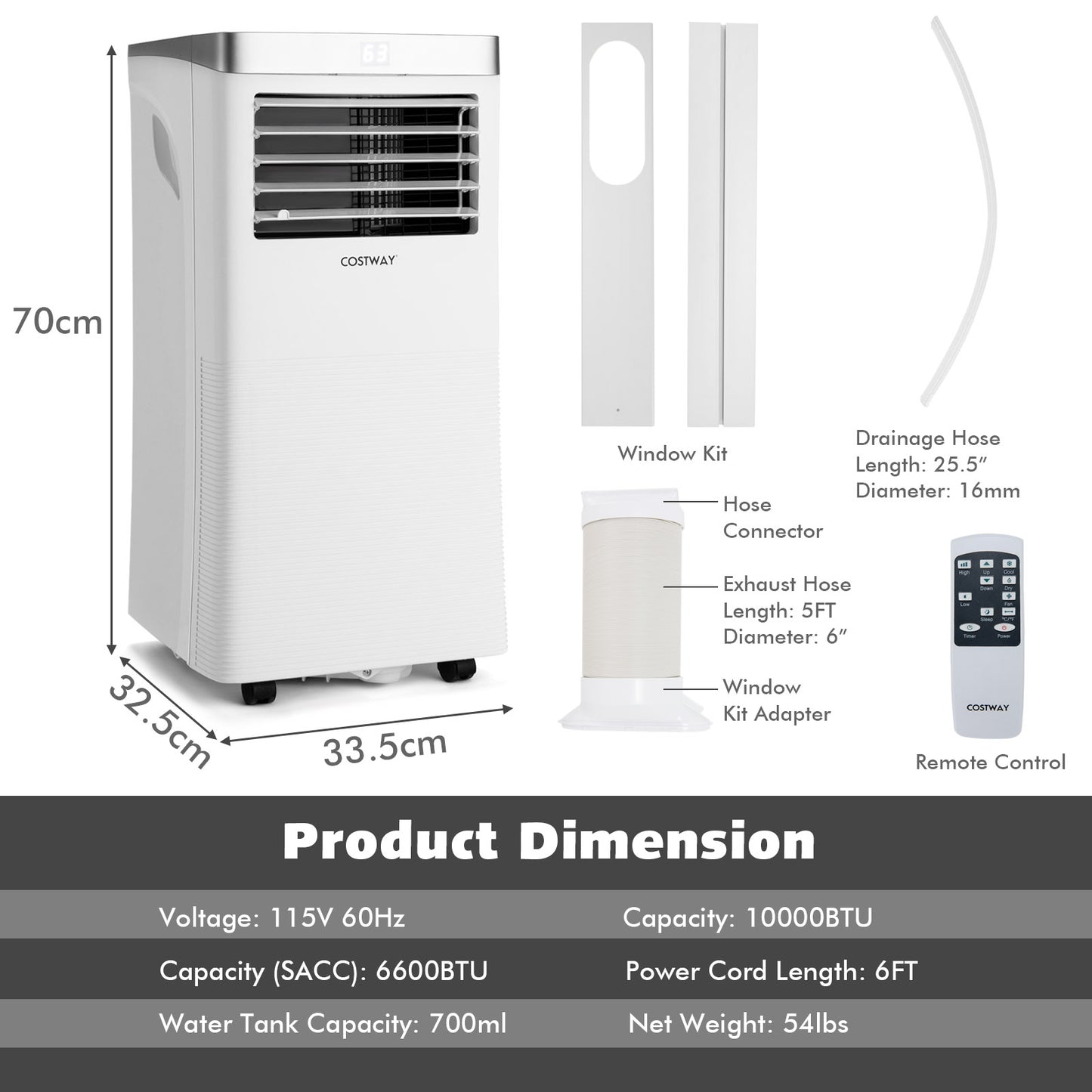10000BTU 3-in-1 Portable Air Conditioner with Remote Control-White