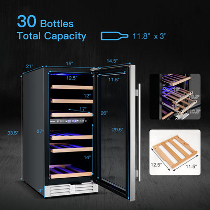 30-Bottle Freestanding Wine Cooler with Temp Memory and Dual Zones -Silver