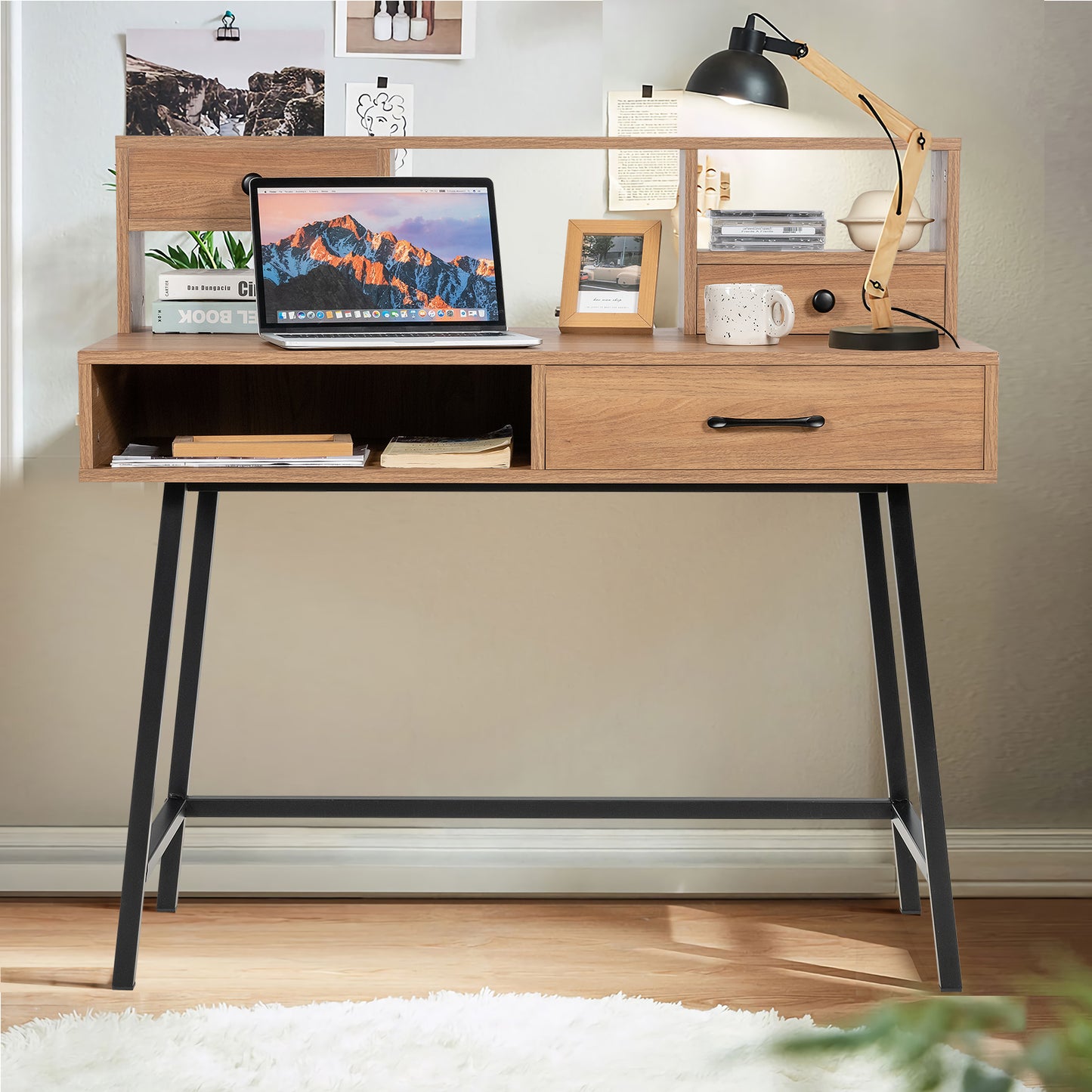 42-Inch Vanity Desk with Tabletop Shelf and 2 Drawers-Natural