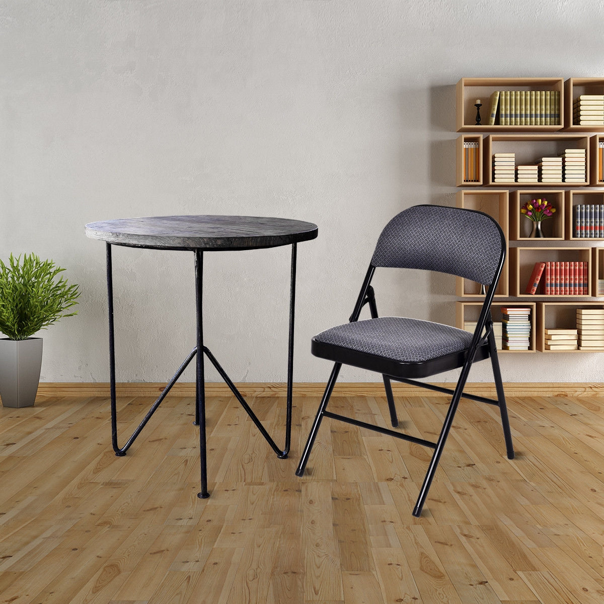 Set of folding conference chairs with upholstered seats and fabric-covered backrests, ideal for office or home meeting spaces.