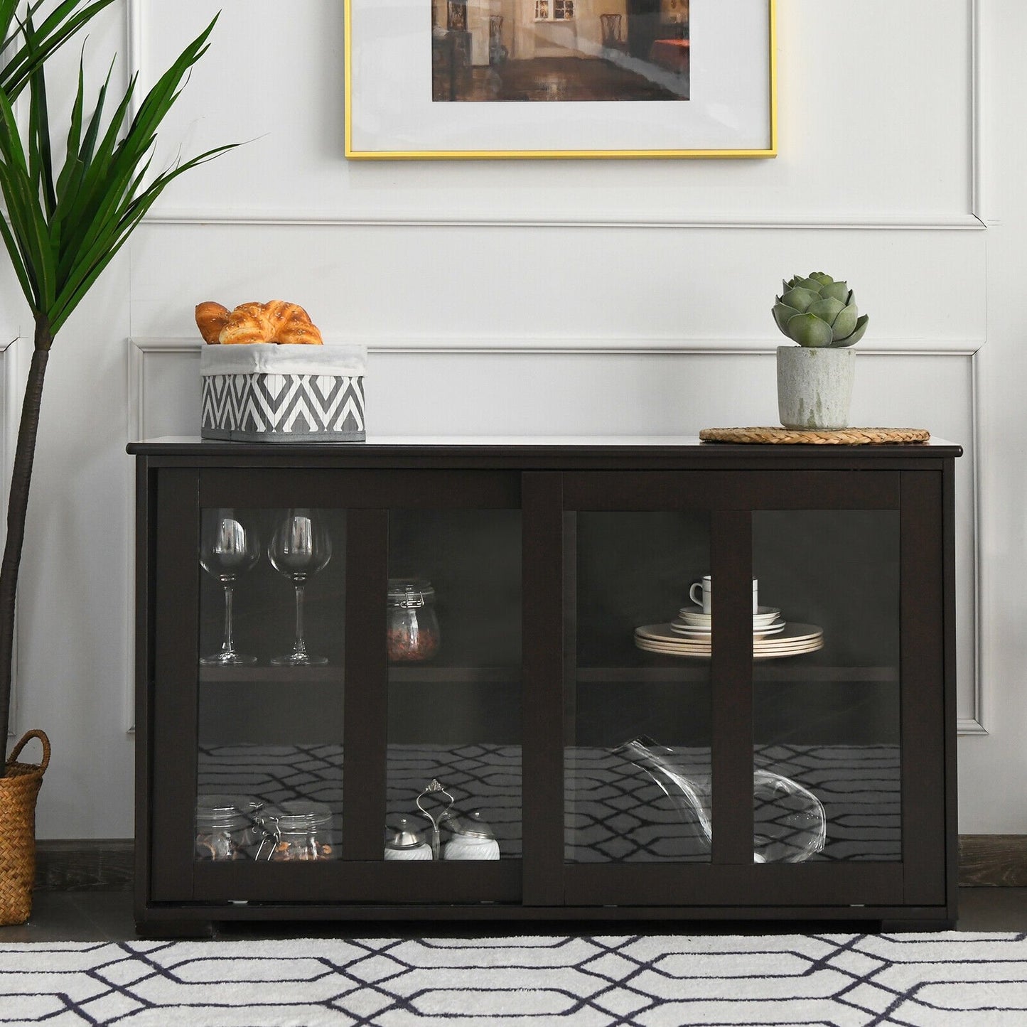 Kitchen Storage Cabinet with Glass Sliding Door-Black