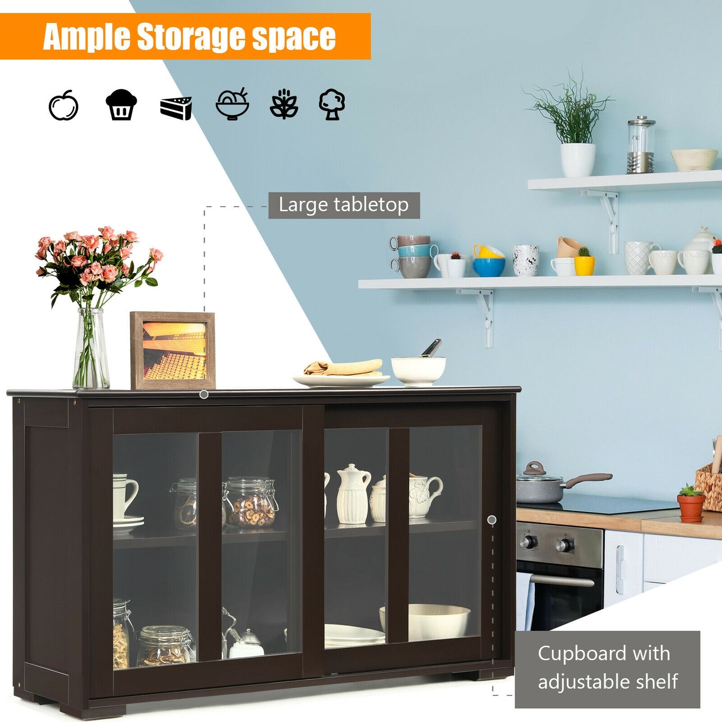 Kitchen Storage Cabinet with Glass Sliding Door-Black
