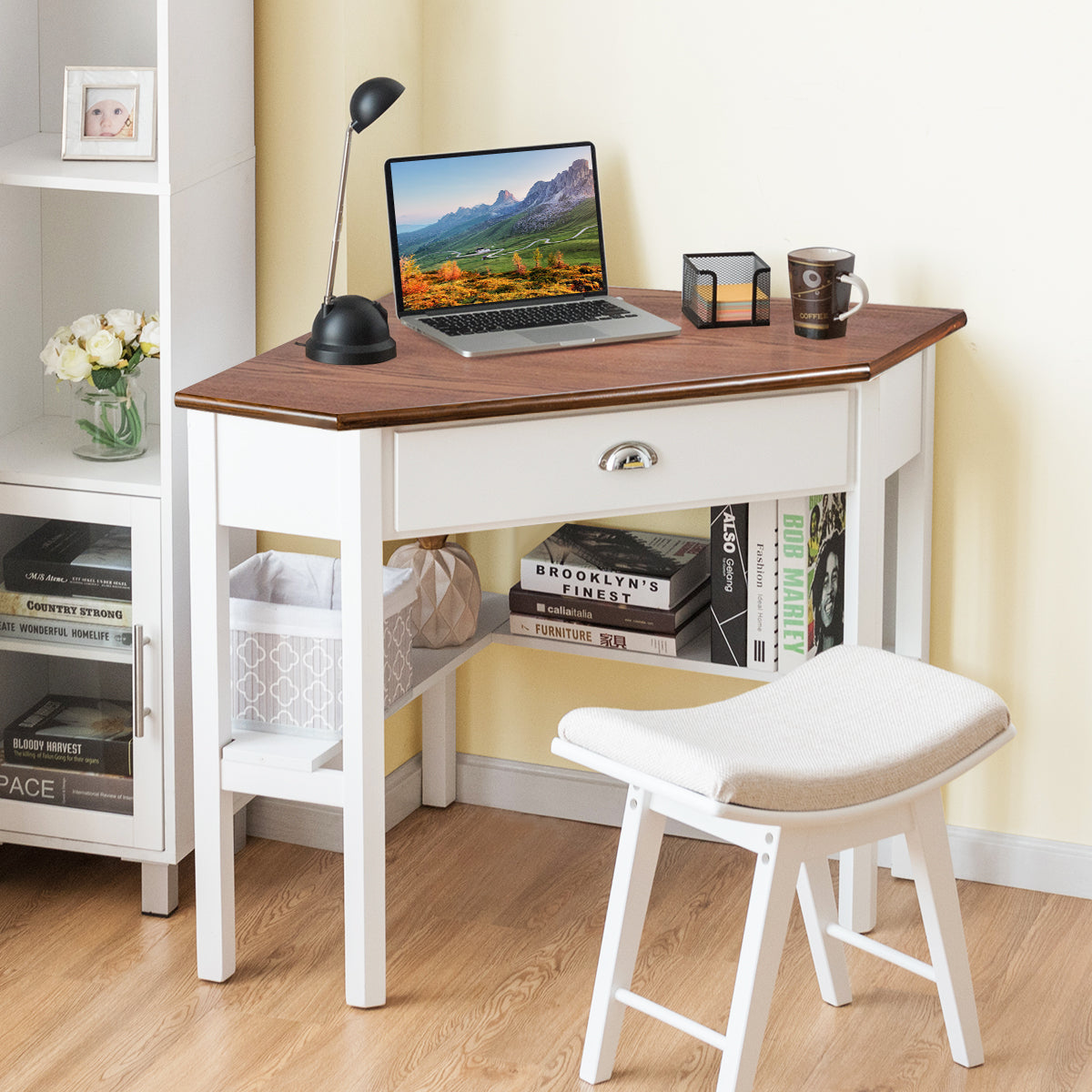 Corner Wooden Piece Laptop Computer Desk-Black
