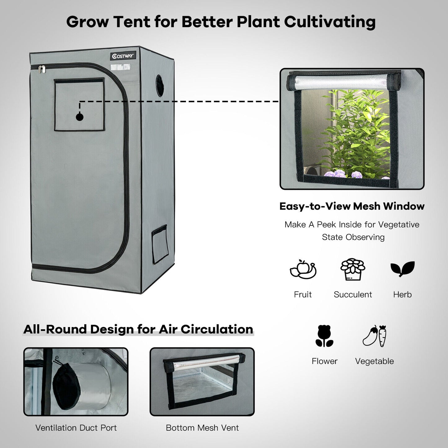 32 x 32 x 63 Inch Mylar Hydroponic Grow Tent with Observation Window and Floor Tray-Gray