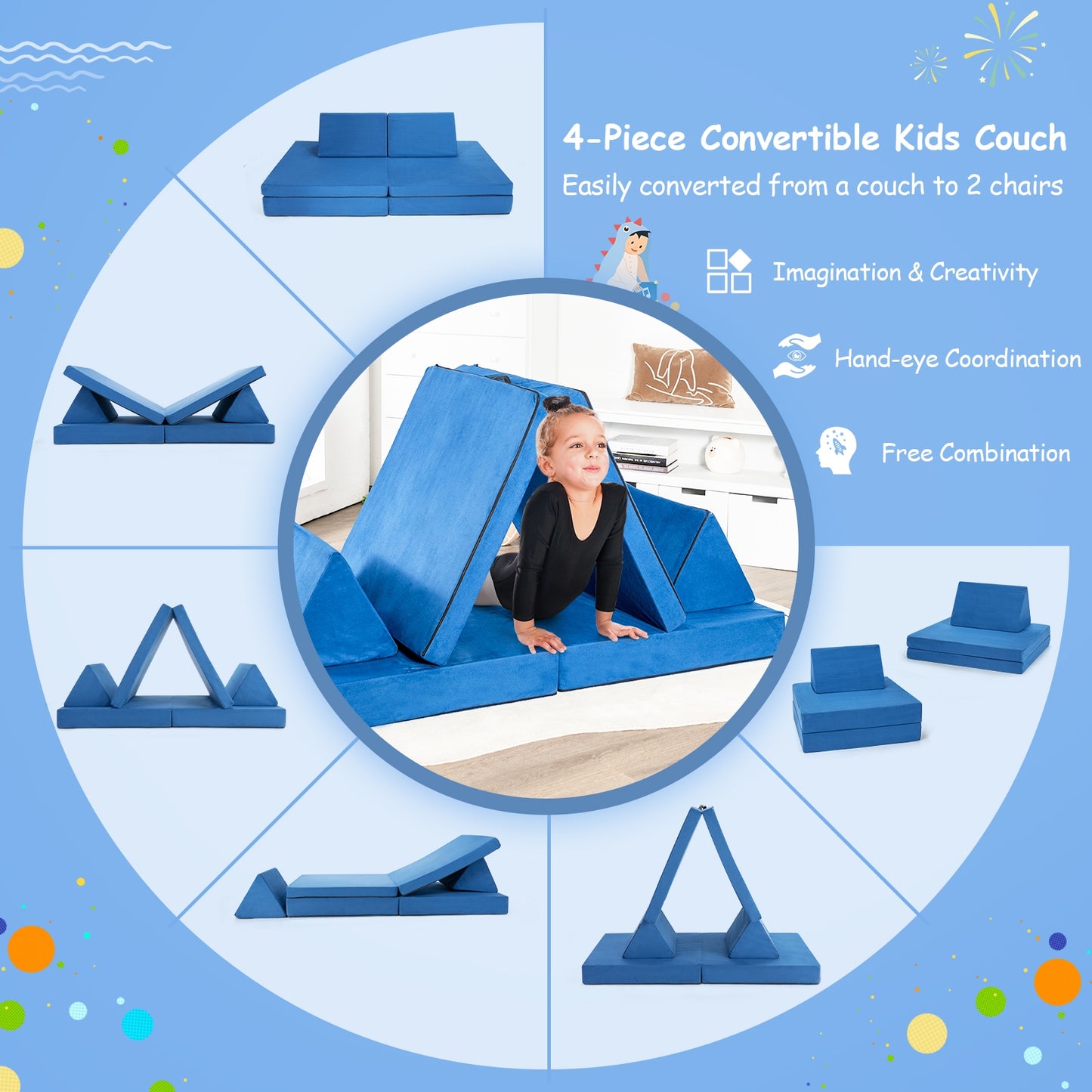 4-Piece Convertible Kids Couch Set with 2 Folding Mats-Blue