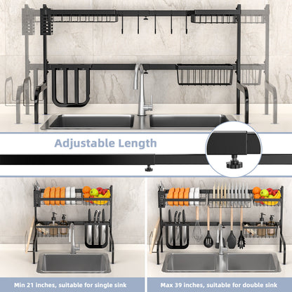 2 Tier Adjustable Over Sink Dish Drying Rack with 8 Hooks