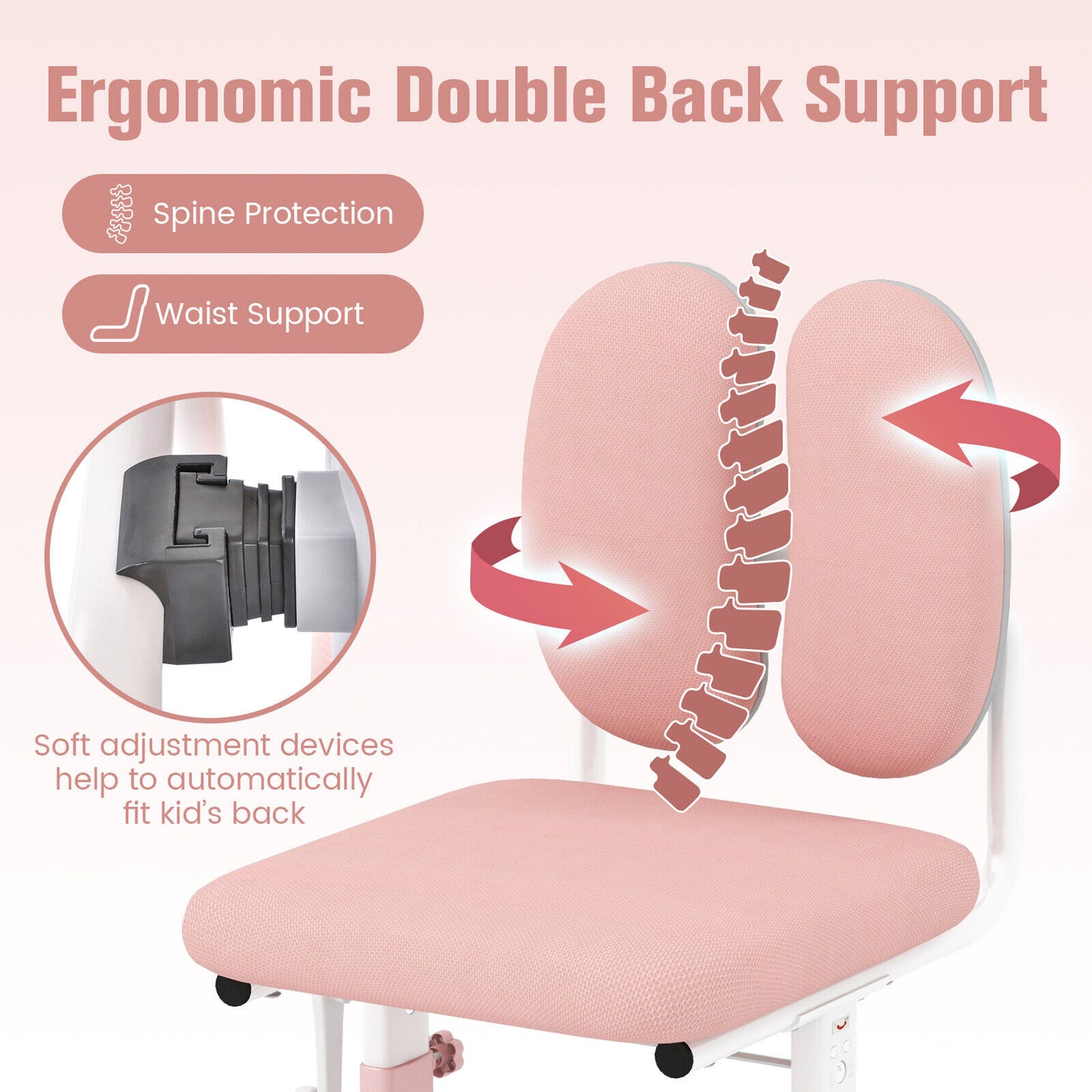 Ergonomic Height-adjustable Kids Study Chair with Double Back Support-Pink