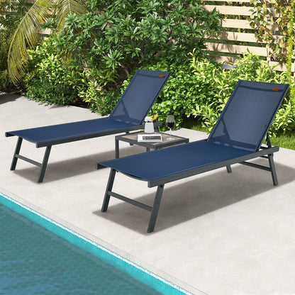3 Pieces Patio Chaise Lounge Chair and Table Set for Poolside Yard-Black