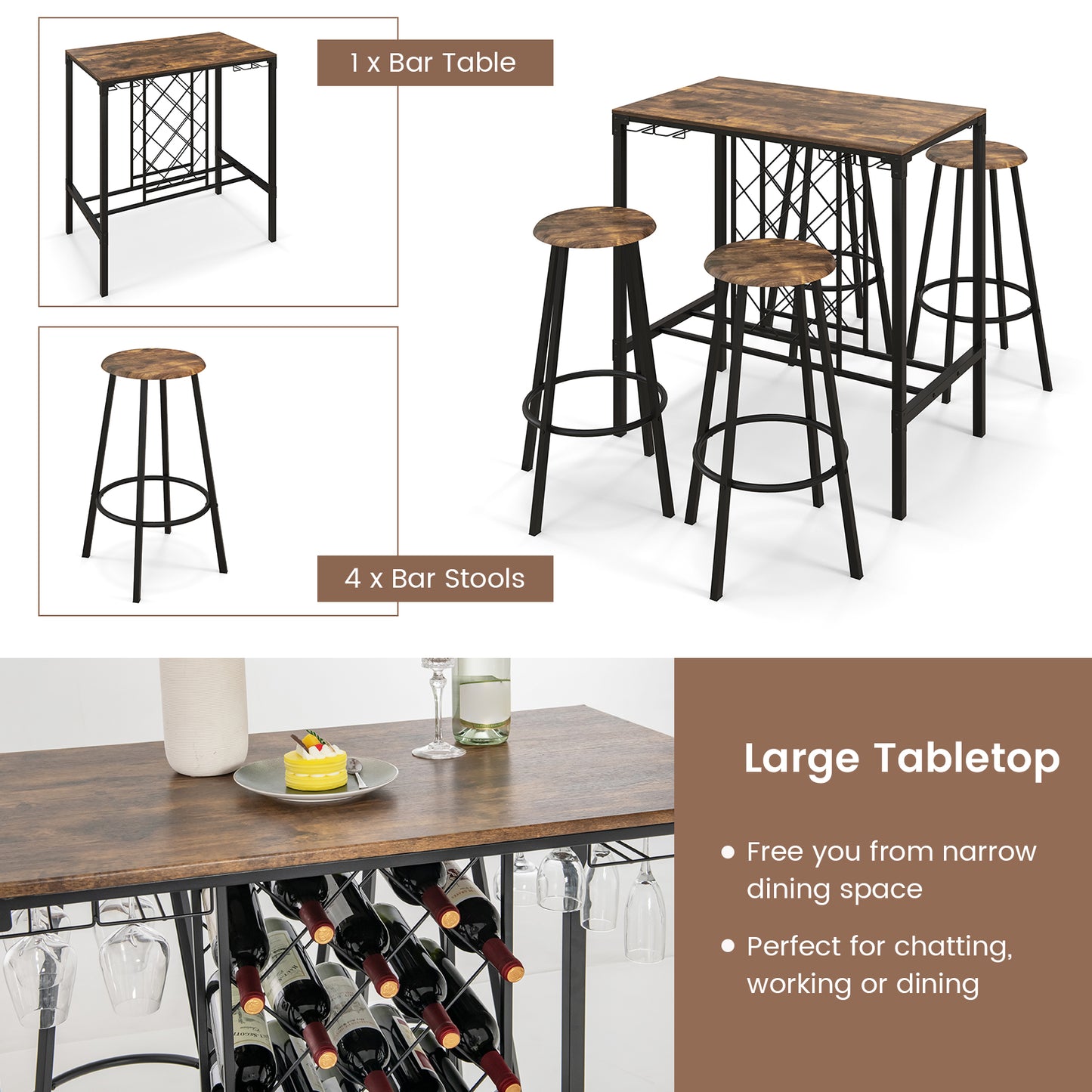 5 Pieces Bar Table and Stools Set with Wine Rack and Glass Holder-Rustic Brown