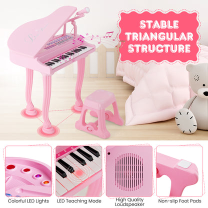 37 Keys Kids Piano Keyboard with Stool and Piano Lid-Pink