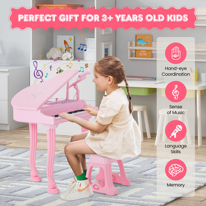 37 Keys Kids Piano Keyboard with Stool and Piano Lid-Pink