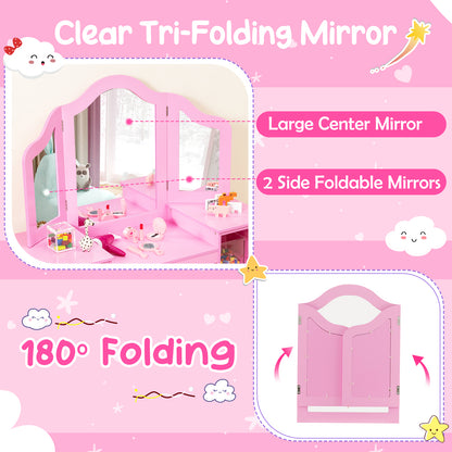 Kids Vanity Table and Chair Set with Removable Tri-Folding Mirror-Pink