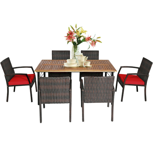 7Pcs Patio Rattan Cushioned Dining Set with Umbrella Hole-Red