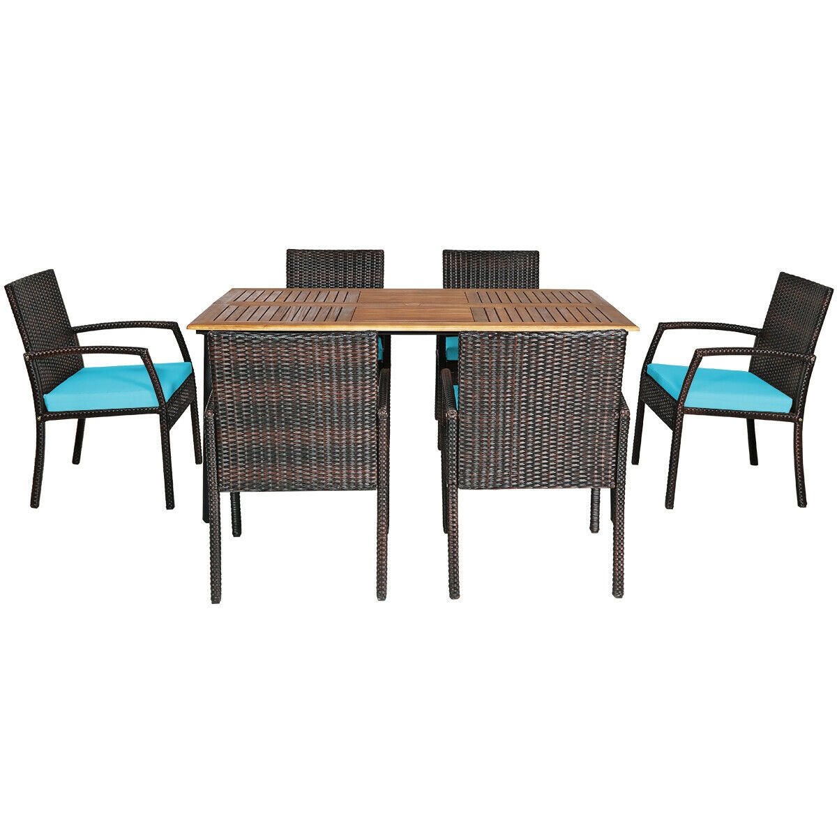 7Pcs Patio Rattan Cushioned Dining Set with Umbrella Hole-Navy