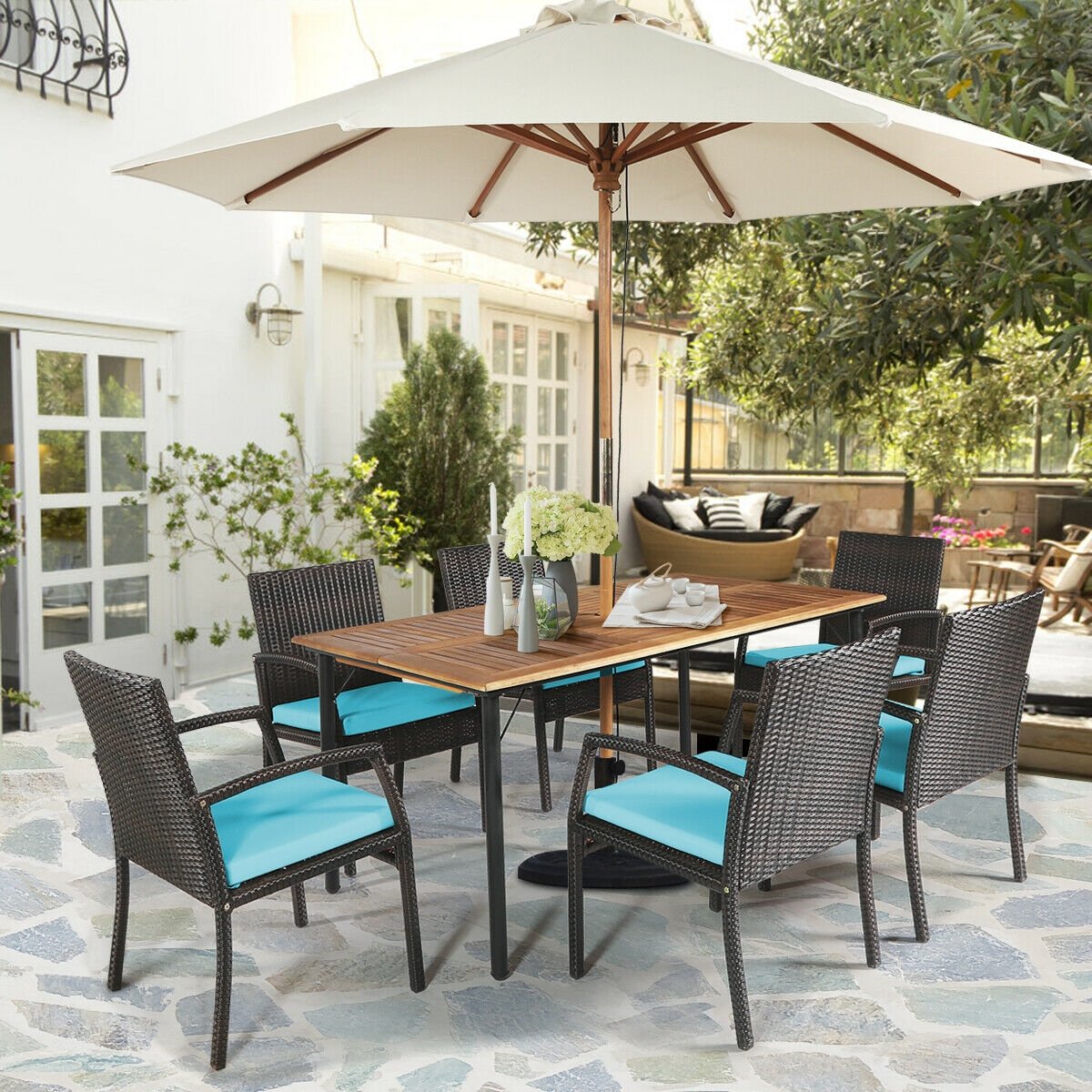 7Pcs Patio Rattan Cushioned Dining Set with Umbrella Hole-Navy