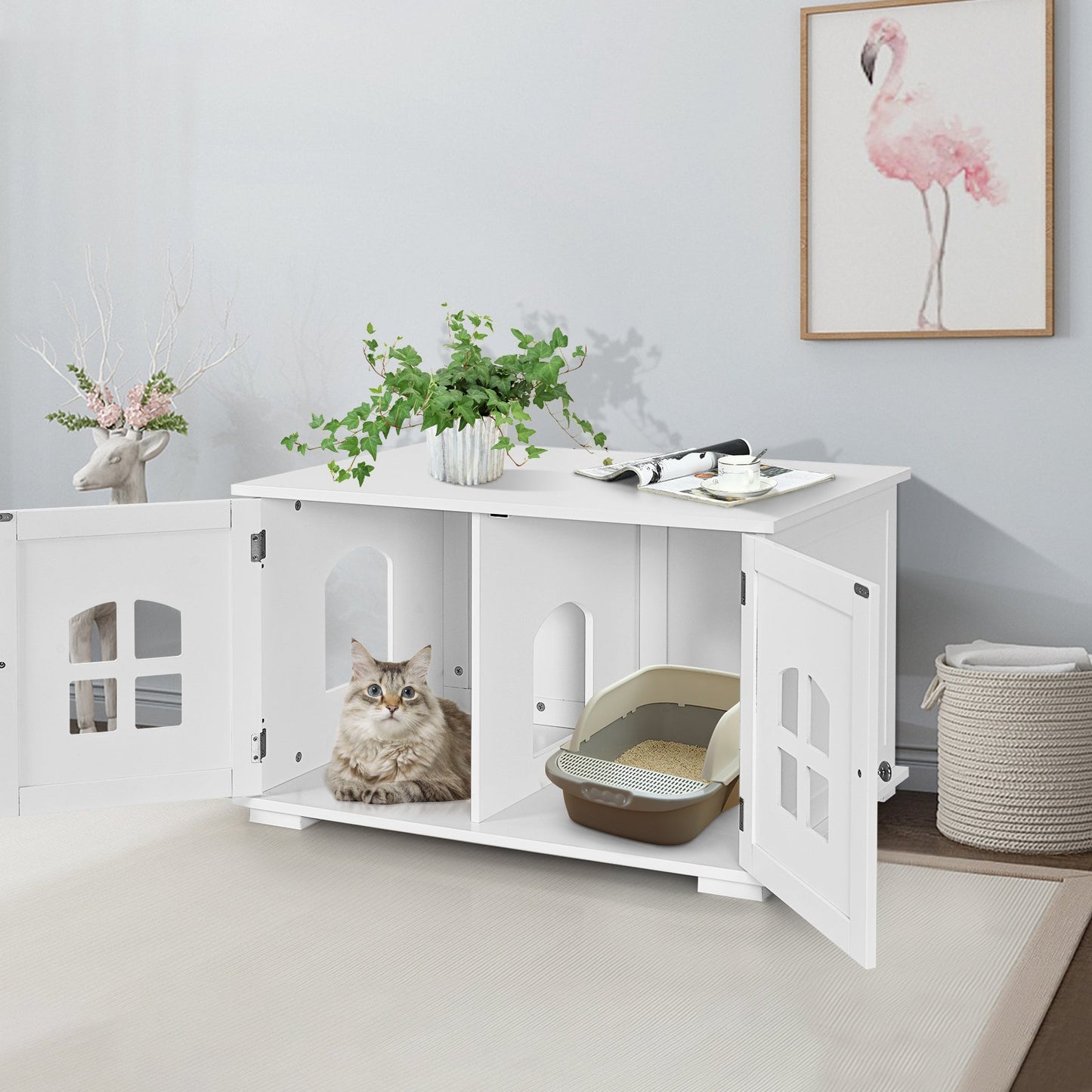 Large Wooden Cat Litter Box Enclosure Hidden Cat Washroom with Divider-Brown