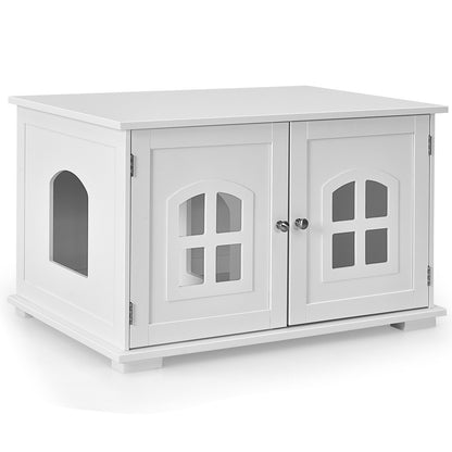 Large Wooden Cat Litter Box Enclosure Hidden Cat Washroom with Divider-Brown