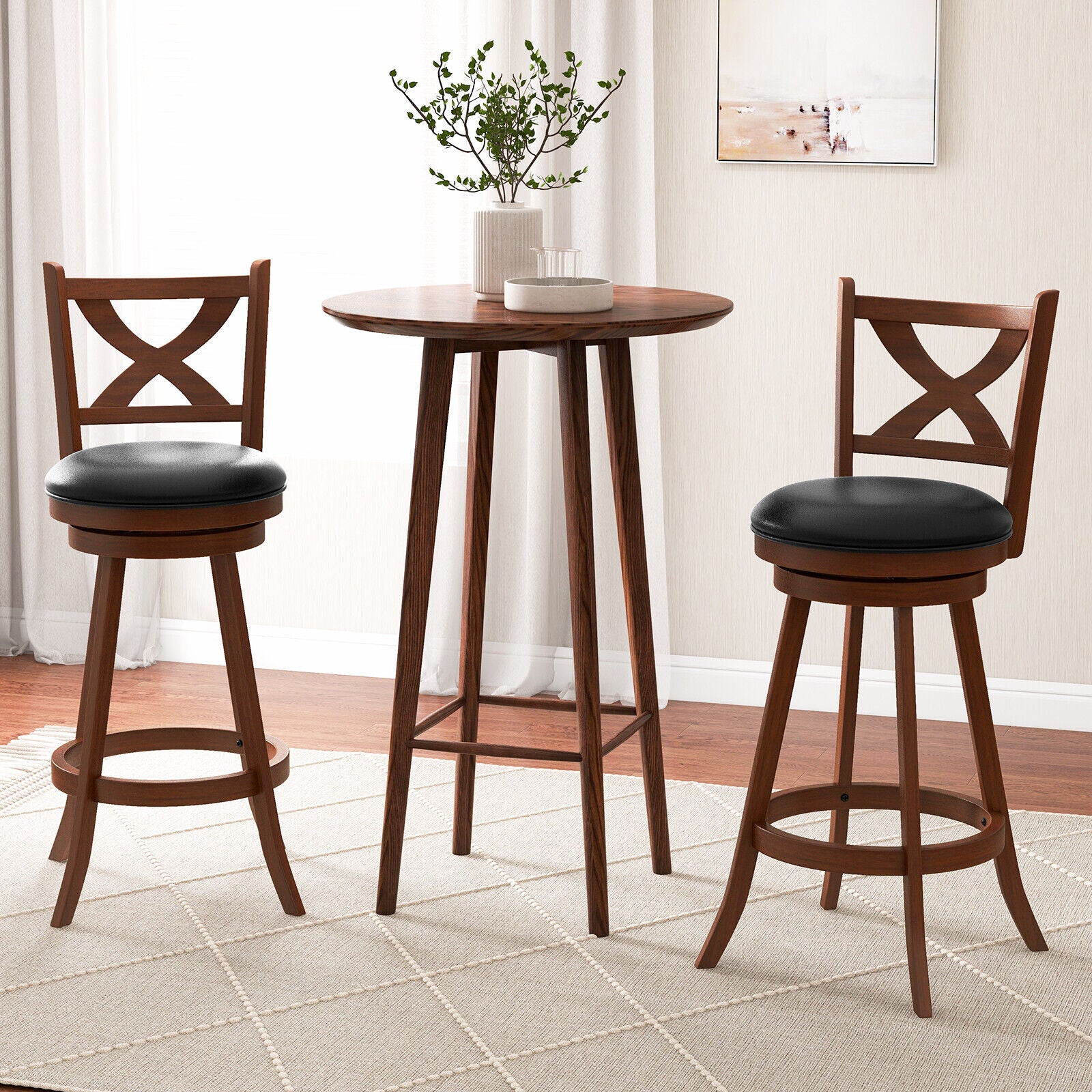 Two 29-inch classic counter height swivel bar stools with X-shaped open back, made by Wilsons Home Store.