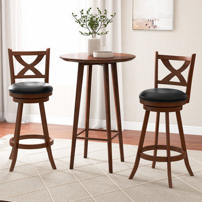 Two 29-inch classic counter height swivel bar stools with X-shaped open back, made by Wilsons Home Store.