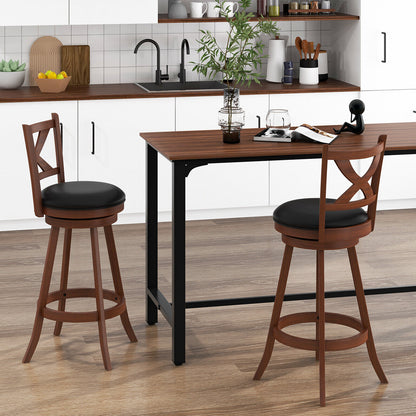 Two classic counter height swivel bar stools with X-shaped open backs, 29 inches, by Wilsons Home Store.
