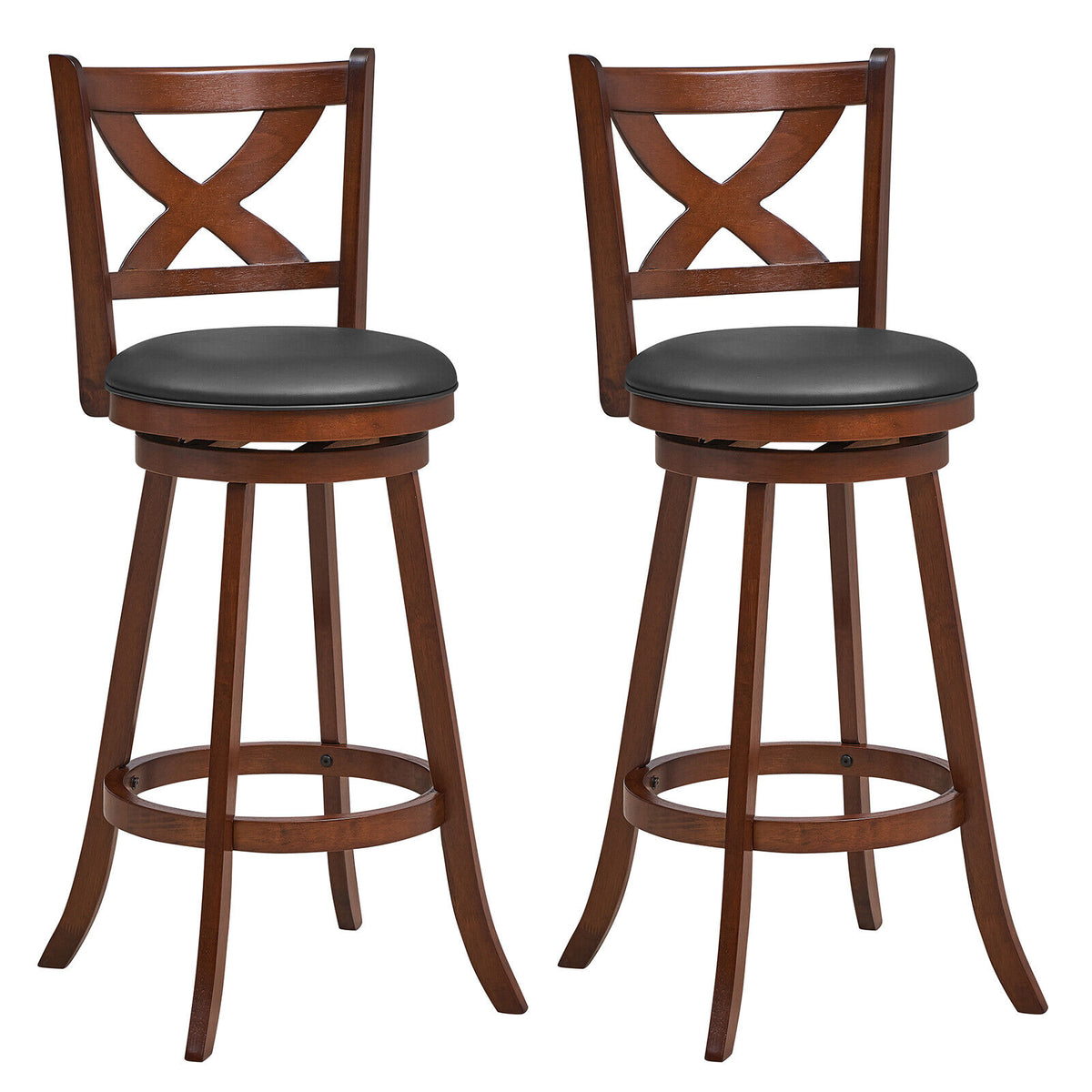 Two classic counter height swivel bar stools with X-shaped open back, 29 inches tall, in a set for kitchen and dining spaces.