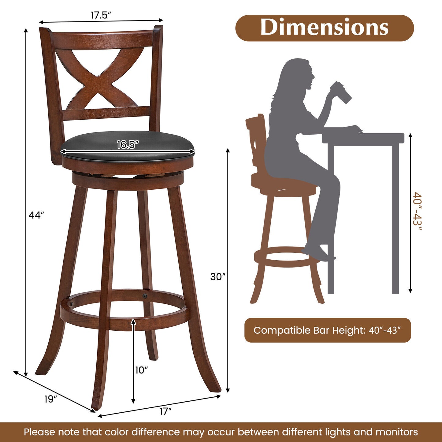 Set of 2 classic 29-inch counter height swivel bar stools with X-shaped open back, by Wilsons Home Store.