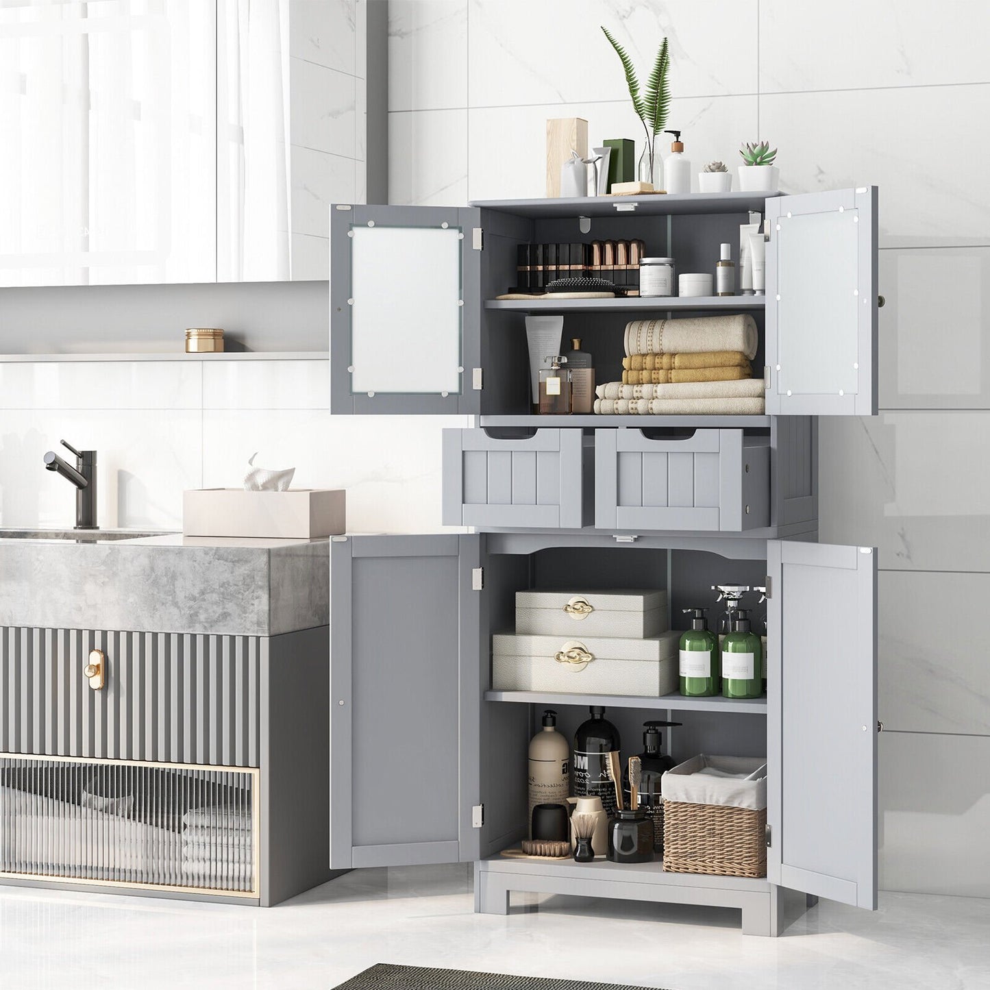 4 Door Freestanding Bathroom Floor Storage Cabinet with 2 Drawers and Glass Doors-Black