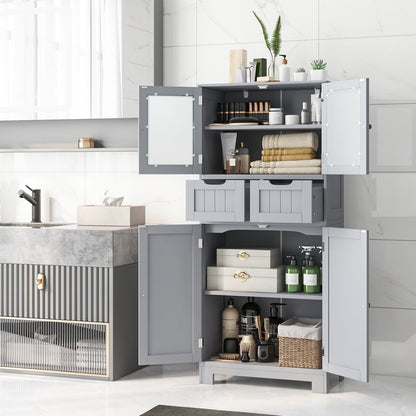 4 Door Freestanding Bathroom Floor Storage Cabinet with 2 Drawers and Glass Doors-Black