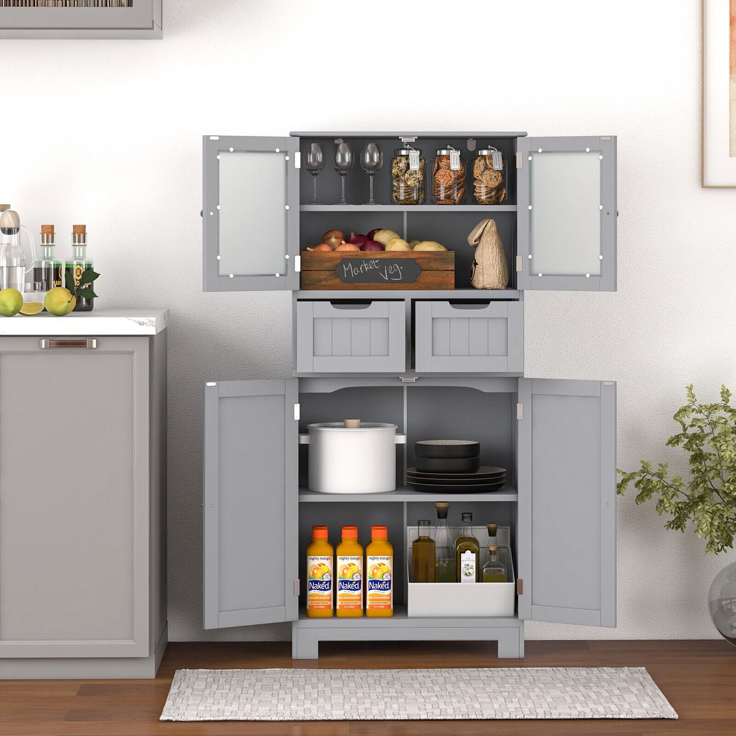 4 Door Freestanding Bathroom Floor Storage Cabinet with 2 Drawers and Glass Doors-Black