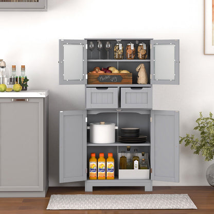 4 Door Freestanding Bathroom Floor Storage Cabinet with 2 Drawers and Glass Doors-Black